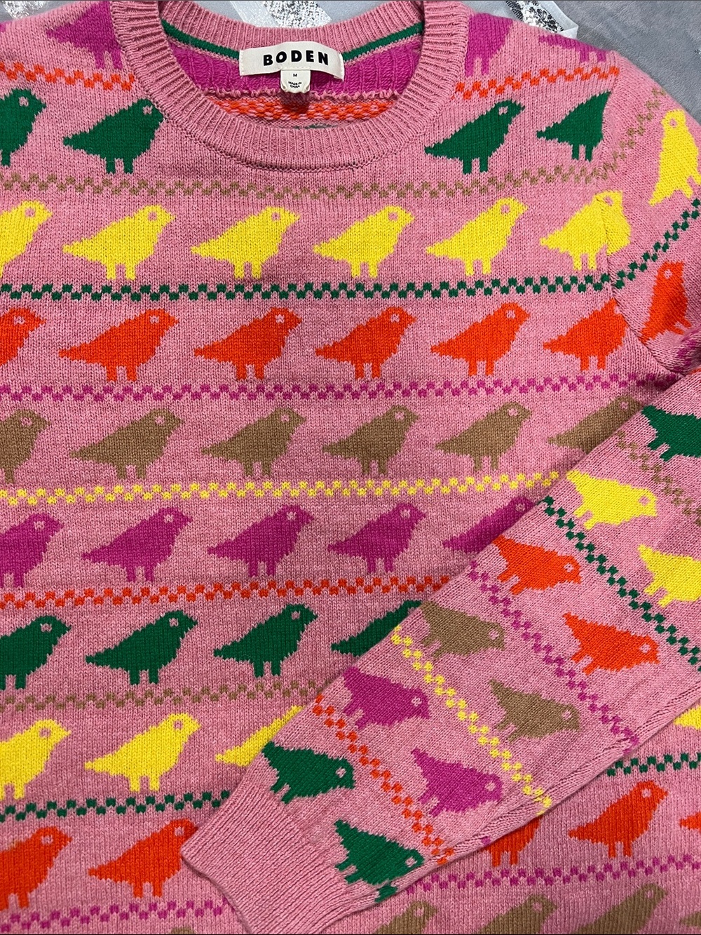 Boden Edie Fair Isle Pink Birds Sweater Women’s Size M - Picture 3 of 9